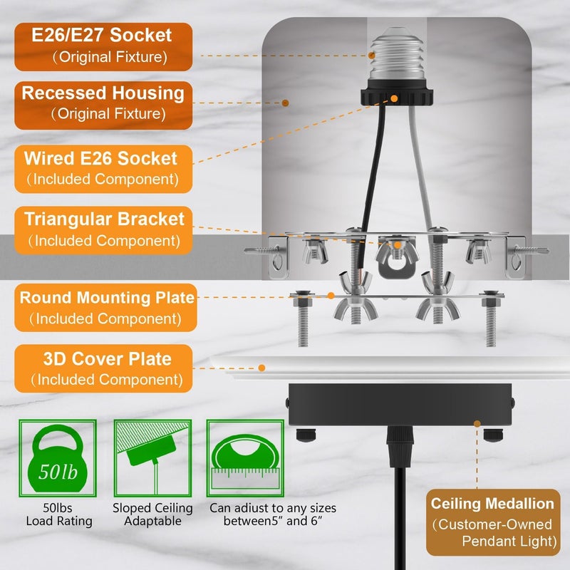 YIIZON 2-Pack Recessed Light to Pendant Converter Kit, Adjustable for 5 and 6 inch Recessed Can Light Conversion Kit, Includes E26 Socket, Triangular Bracket, Round Mounting Plate & 3D White Cover - Image 4